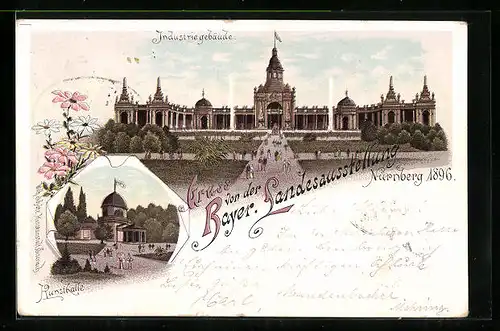 Lithographie Nürnberg, Bayerische Landesausstellung 1896, Industriegebäude und Kunsthalle