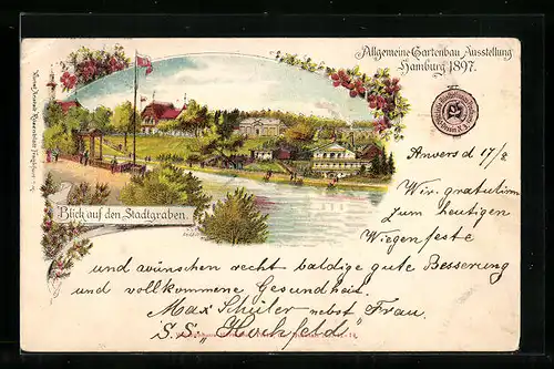 Lithographie Hamburg, Allgemeine-Gartenbau-Ausstellung 1897, Blick auf den Stadtgraben