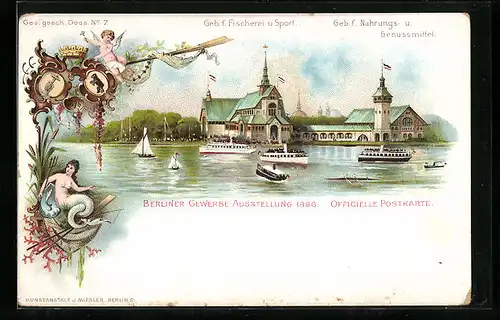 Lithographie Berlin, Gewerbe-Ausstellung 1896, Geb. f. Fischerei und Sport, Geb. f. Nahrungs- und Genussmittel