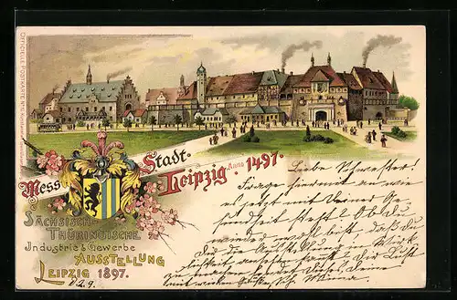 Lithographie Leipzig, Sächs.-Thür. Industrie- und Gewerbe-Ausstellung 1897, Ausstellungsgelände, Wappen
