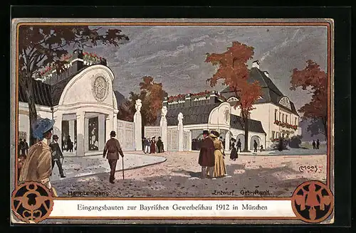 Künstler-AK München, Bayrische Gewerbeschau 1912, Eingangsbauten zum Ausstellungs-Park