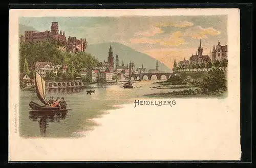 Lithographie Heidelberg, Uferpartie mit Schloss