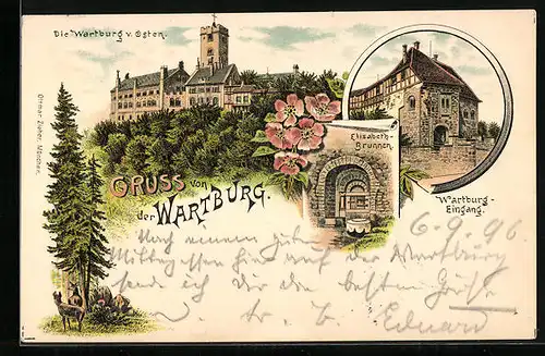 Lithographie Wartburg von Osten, Eingang, Elisabeth-Brunnen