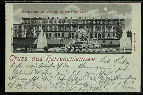 Mondschein-Lithographie Herrenchiemsee mit Springender Brunnen