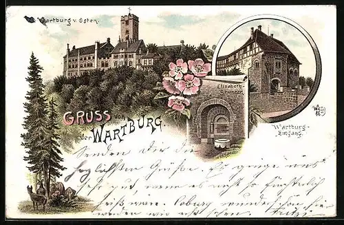 Lithographie Eisenach, Die Wartburg von Osten, Eingang, Elisabeth-Brunnen
