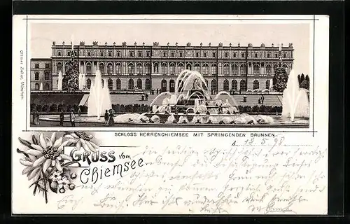 Lithographie Herrenchiemsee, Schloss Herrenchiemsee mit Sprigbrunnen