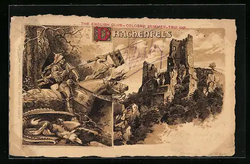 Lithographie Königswinter, Drachenfels und Ritter auf seinem Pferd