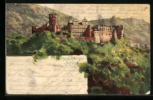 Lithographie Heidelberg, Motiv vom Schloss