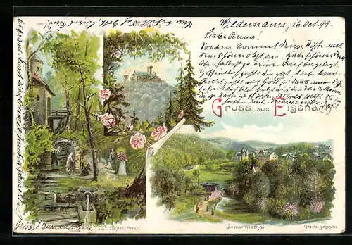 Lithographie Eisenach, Wartburg und Johannisthal