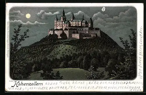 Lithographie Burg Hohenzollern im Mondschein