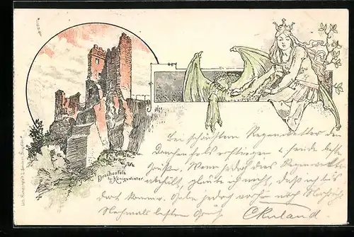 Lithographie Drachenfels bei Königswinter