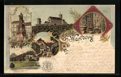 Lithographie Wartburg, Lutherdenkmal & Fritz Reuter-Villa