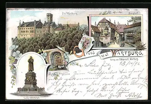 Lithographie Wartburg mit Burghof und Luther-Denkmal