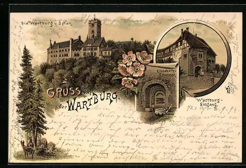 Lithographie Wartburg, Elisabeth-Brunnen, Eingang