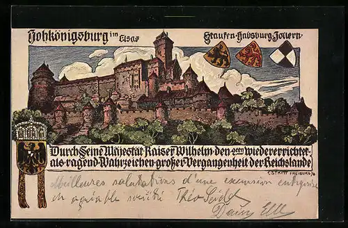 Künstler-AK Hohkönigsburg /Els., Ansicht der Burg, Wappen