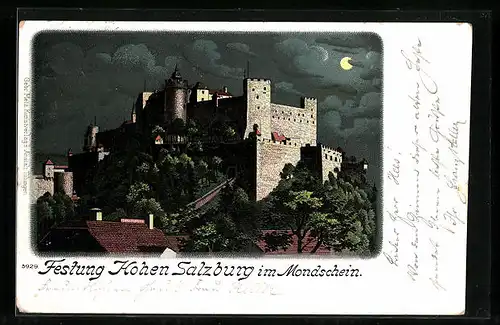 Lithographie Festung Hohen Salzburg im Mondschein