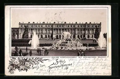 Vorläufer-Lithographie Schloss Herrenchiemsee mit Springenden Brunnen, 1894
