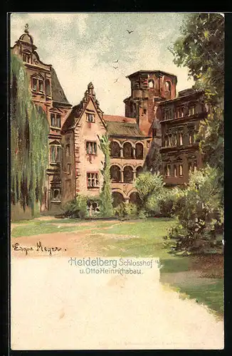 Künstler-AK Heidelberg, Schlosshof und Otto Heinrichsbau