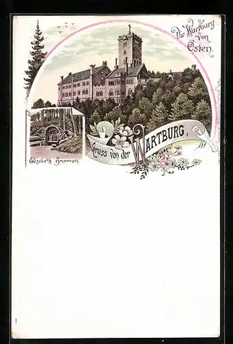 Lithographie Wartburg von Osten mit Elisabeth-Brunnen