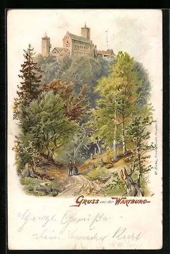Lithographie Blick auf die Wartburg mit Waldweg