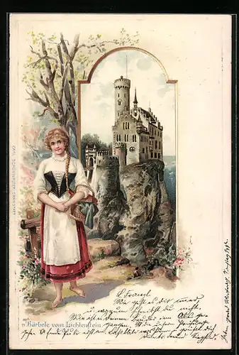 Passepartout-Lithographie Lichtenstein, Blick zur Burg, s` Bärbele vom Lichtenstein