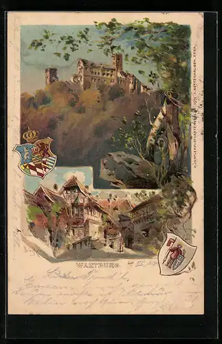 Lithographie Blick auf die Wartburg mit Innenhof