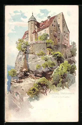 Künstler-AK Hohnstein / Sächs. Schweiz, Schloss Hohnstein mit Felsen
