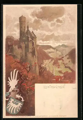 Lithographie Burg Lichtenstein mit Panorama