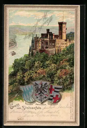 Lithographie Stolzenfels a. Rh., Ansicht des Schlosses mit geprägtem Wappen