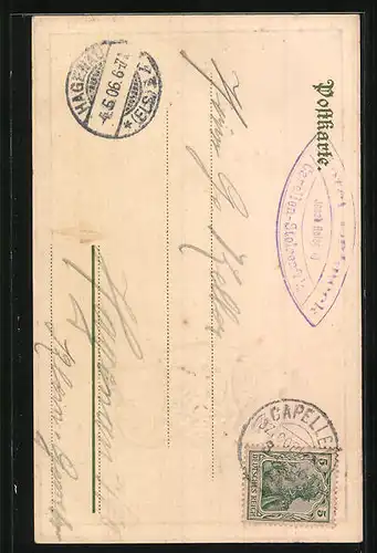 Lithographie Stolzenfels a. Rh., Ansicht des Schlosses mit geprägtem Wappen