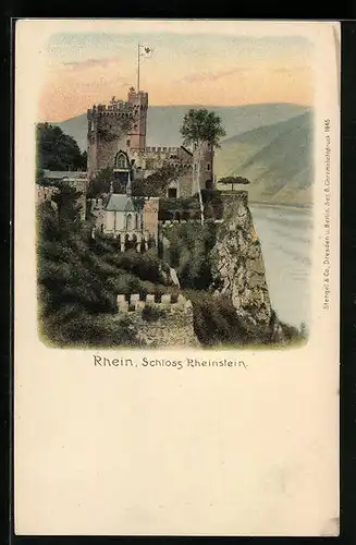Lithographie Schloss Rheinstein mit Rheinpanorama