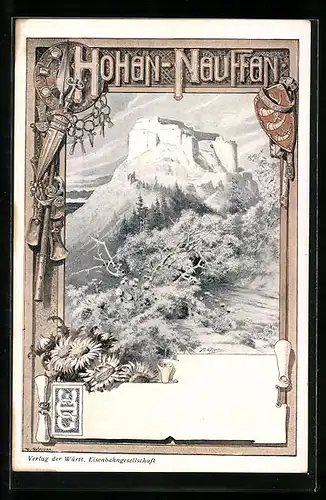 AK Neuffen, Burg Hohen-Neuffen aus der Ferne betrachtet umgeben von Kriegsgerät