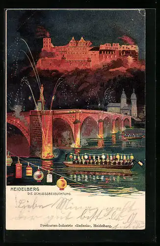 AK Heidelberg, Schloss mit Beleuchtung und Dampfer mit Lampions