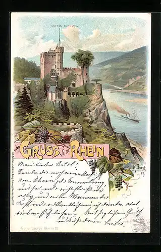 Lithographie Trechtingshausen, Burg Rheinstein mit Rheindampfer