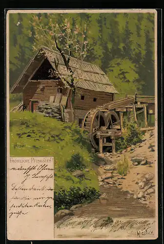 Künstler-AK Alfred Mailick: Wassermühle bei Baumblüte, Pfingstgruss