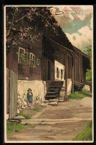 Künstler-AK Alfred Mailick: Junge vor dem Haus, Pfingstgruss