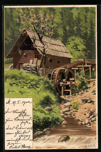 Künstler-AK Alfred Mailick: Wassermühle bei Baumblüte