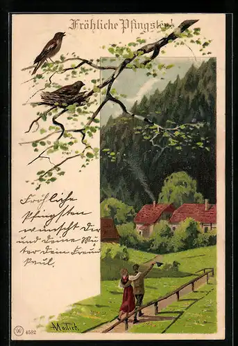 Künstler-AK Alfred Mailick: Landschaft mit einem Paar und Vogelnest, Pfingstgruss