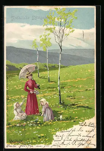 Künstler-AK Alfred Mailick: Frau mit Schirm und Kindern auf einer Blumenwiese, Pfingstgruss