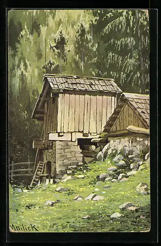Künstler-AK Alfred Mailick: Landschaft mit Holzhütten