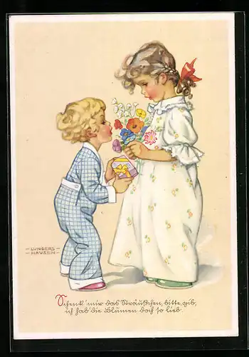 Künstler-AK Ilse Wende-Lungershausen: Kleiner Junge und Mädchen mit Blumen und Geschenk