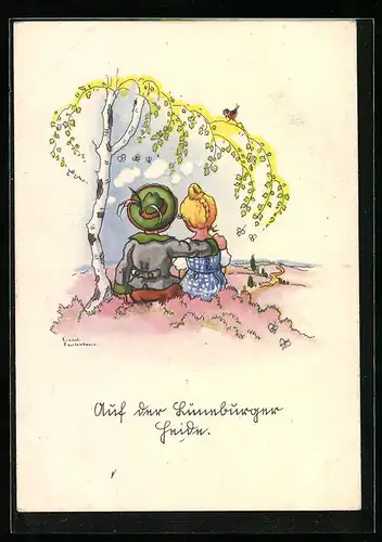 Künstler-AK Liesel Lauterborn: Lüneburg, Rückenansicht von Pärchen auf der Lüneburger Heide