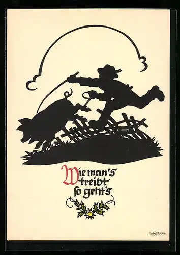 Künstler-AK Georg Plischke: Schattenbild, Mann mit einem Schwein