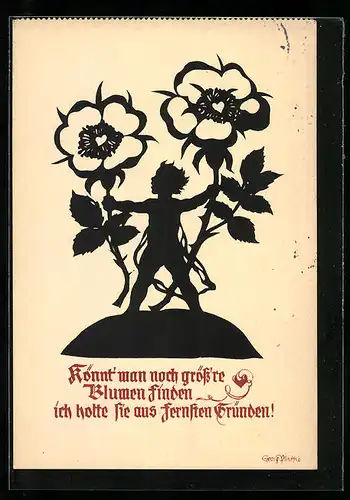 Künstler-AK Georg Plischke: Schattenbild, Junge mit Blumen