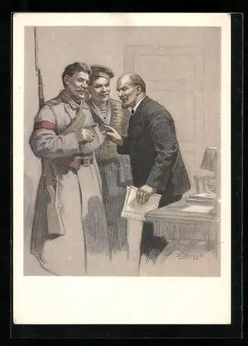 AK Lenin mit einem Soldaten und einem Matrosen