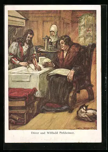 AK Dürer und Wilibald Pirkheimer am Tisch
