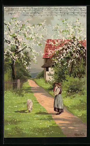 Künstler-AK Alfred Mailick: Junge Frau und Mädchen mit Lamm auf einem Feldweg