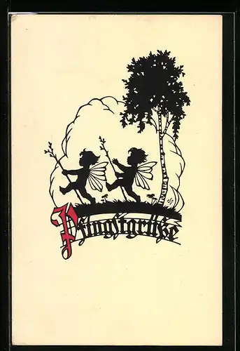 Künstler-AK A. Ost: Pfingstgrüsse mit wanderlustigen Elfen