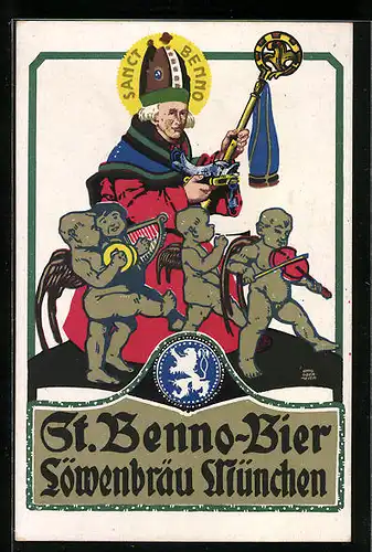 Künstler-AK Otto Obermeier: München, Sanct Benno mit Engeln - Brauerei-Werbung St. Bennobier