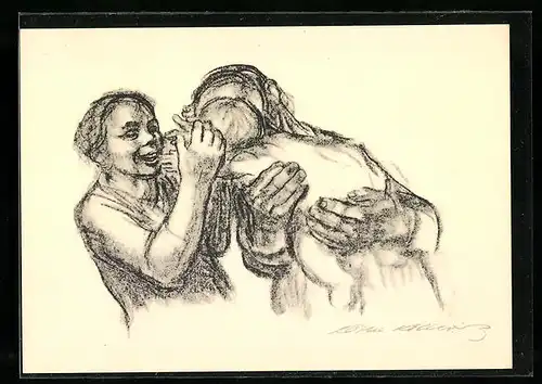 Künstler-AK Käthe Kollwitz: Familie, Vater, Mutter und Kind geniessen ihr Glück